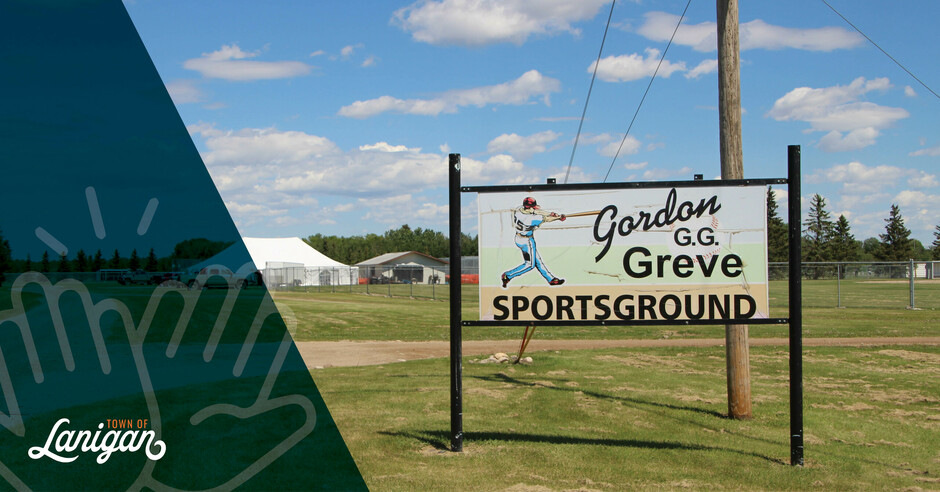 Gorden Greve Sportsground signage with a tent and fields in background. 