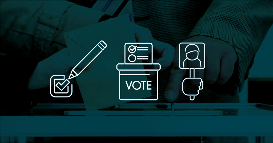 Graphics of a voting ballot, ballot box, and election sign.