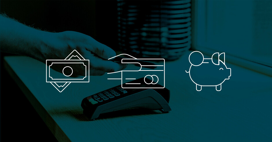 Graphics of cash, credit card, and piggy bank. 