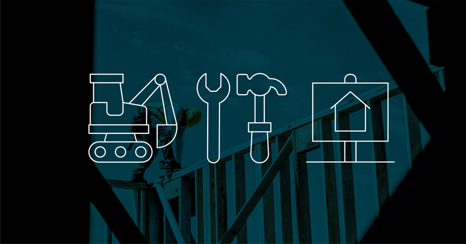 Graphics of a bulldozer, construction tools, and a blueprint. 