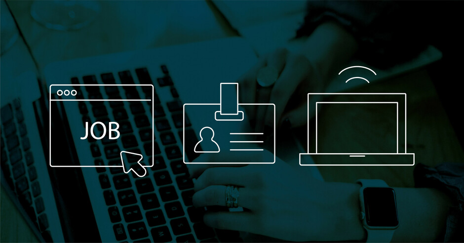 Graphics of job posting, employee ID, and computer. 