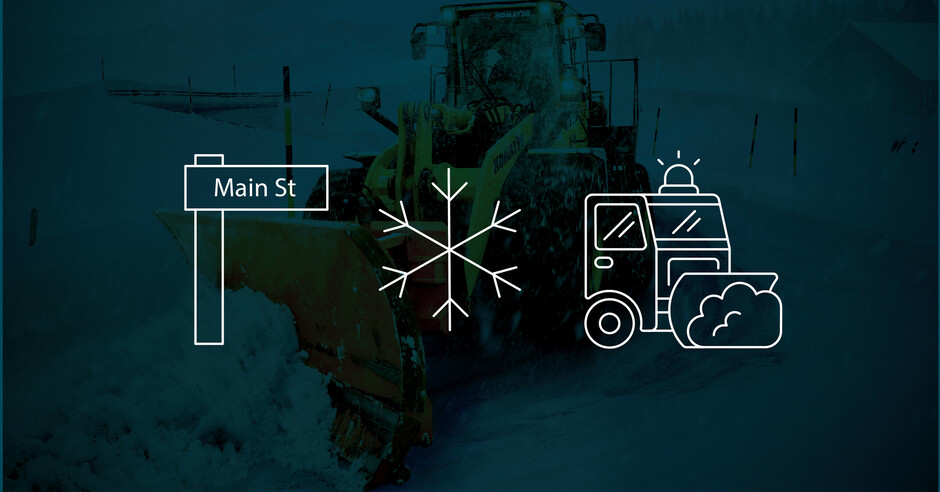 Graphics of a street sign, snow, and snow removal equipment.