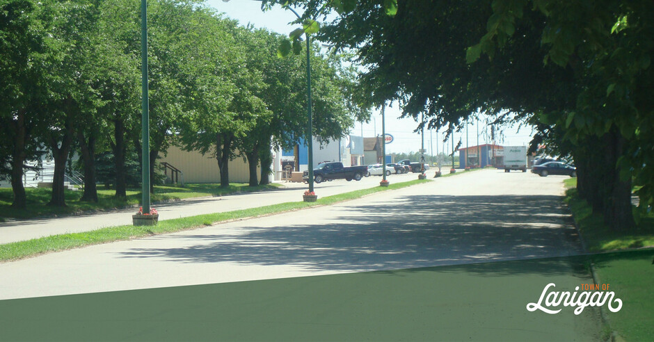 Main street in Lanigan, showcasing businesses and trees.