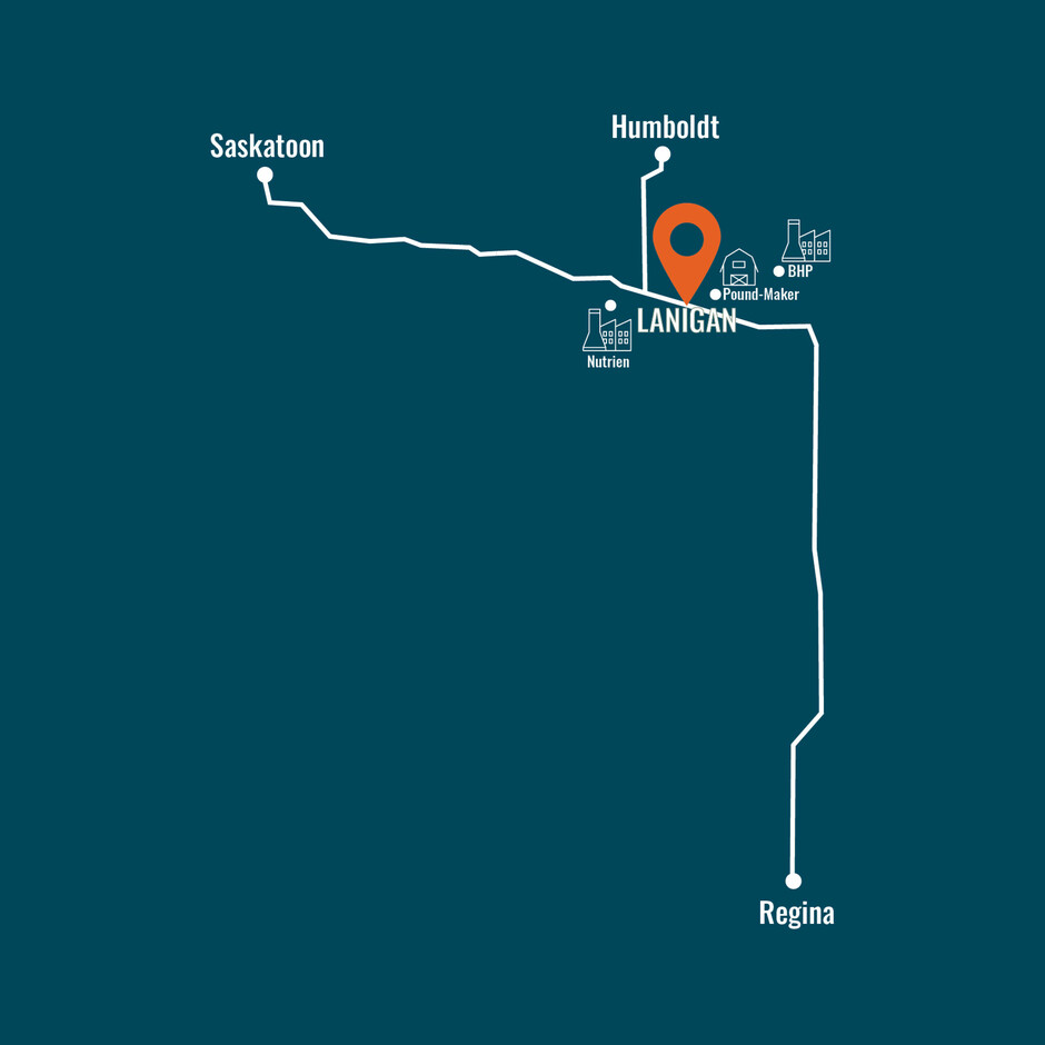 Map illustration showing Lanigan in proximity to Saskatoon, Regina, and Humboldt.